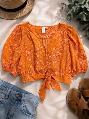 Joie Bright Orange Floral Tie-Front Puff-Sleeve Crop Top